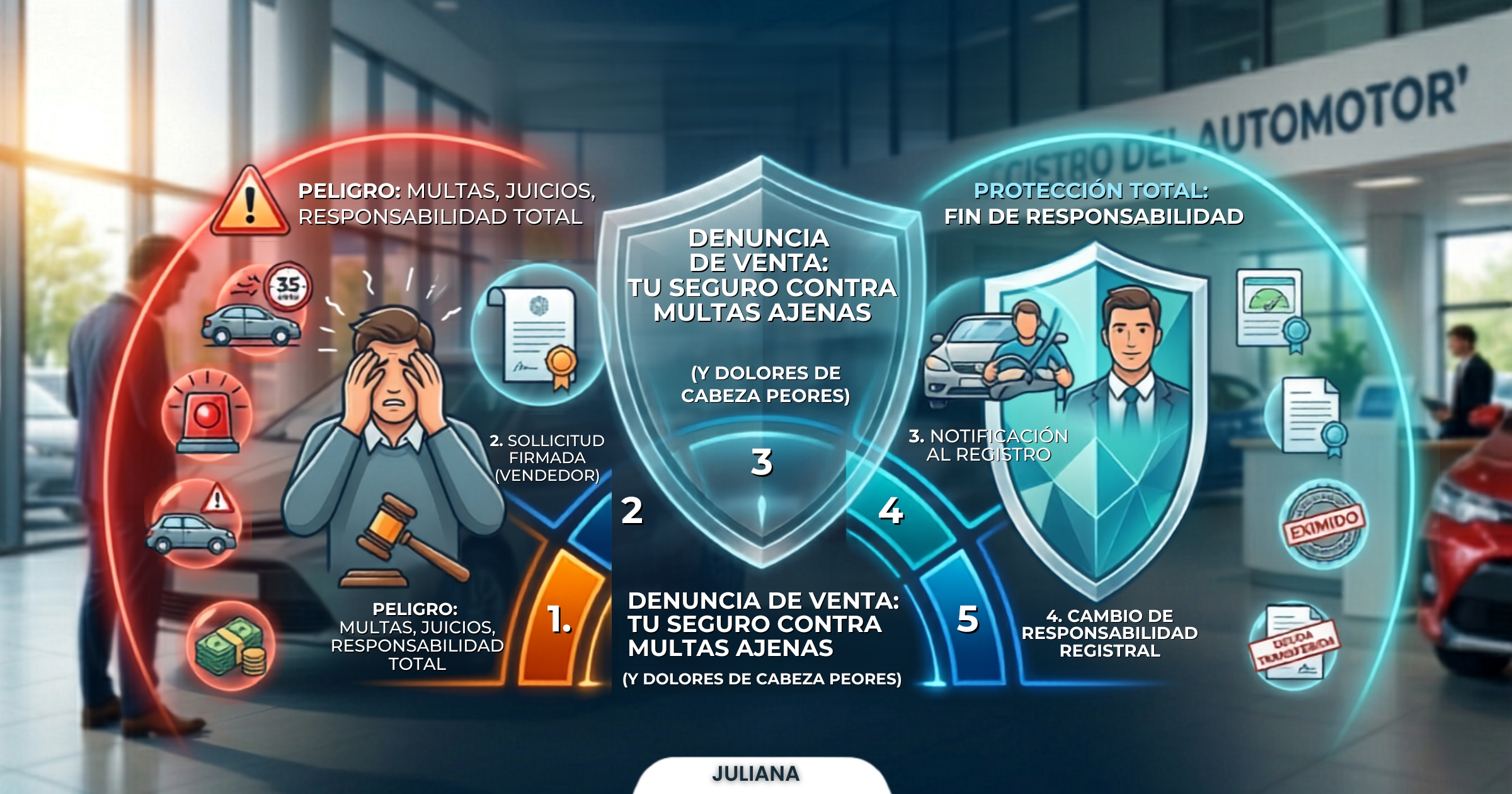 Representación abstracta de seguridad legal con escudo y vehículo