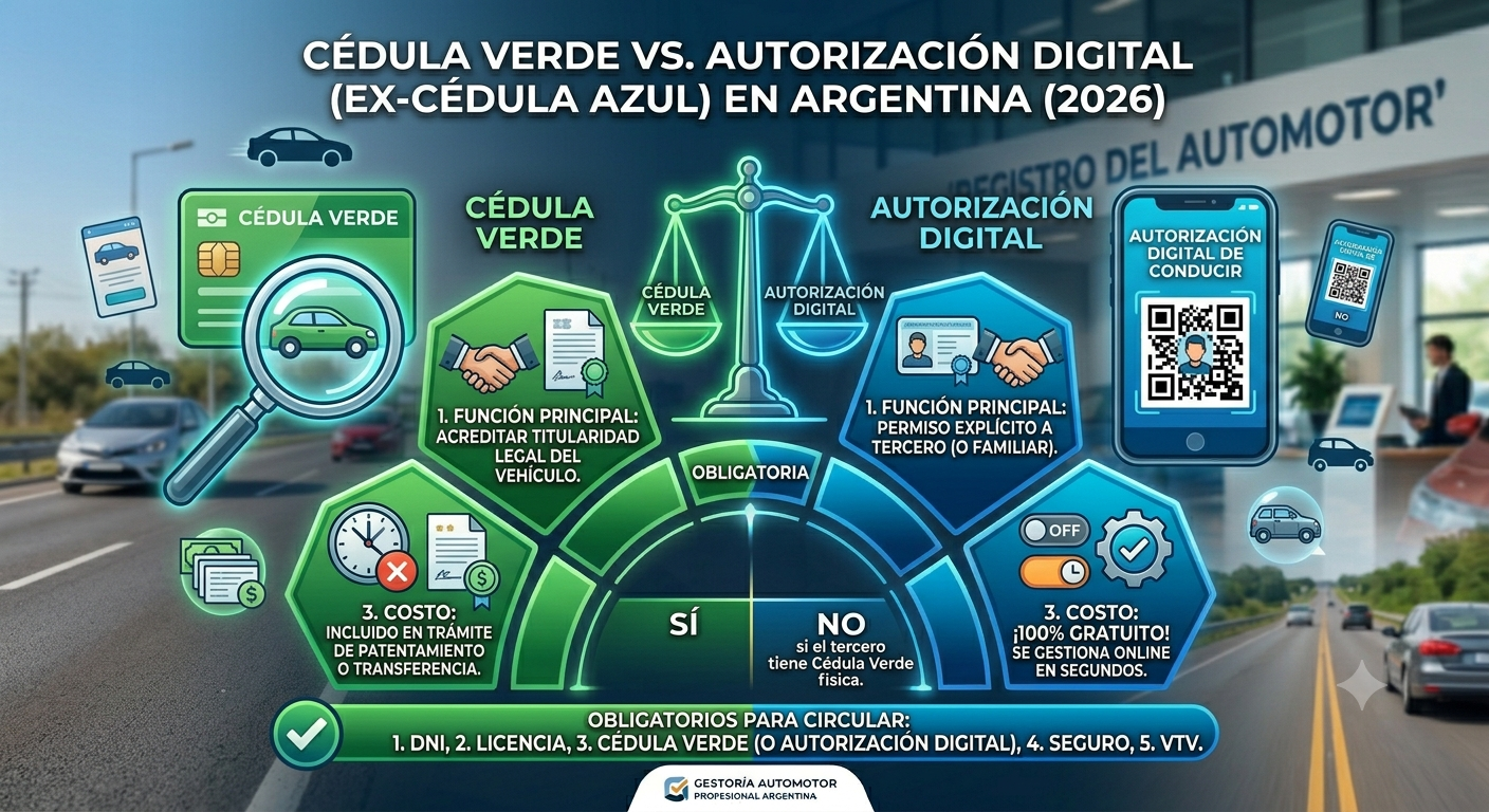 Cédula azul y verde de identificación vehicular sobre superficie elegante